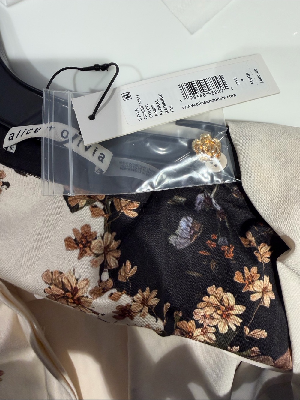 Alice + Olivia Black & Cream Floral Radiance Midi Dress with Puff Sleeves - Picture 3 of 3